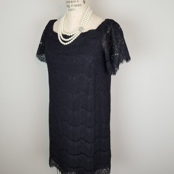 Monteau Black Eyelash Lace Off the Shoulder Shift Dress * Women's Size Medium - Picture 3 of 11